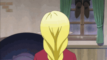 a woman with blonde hair and elf ears is looking out a window