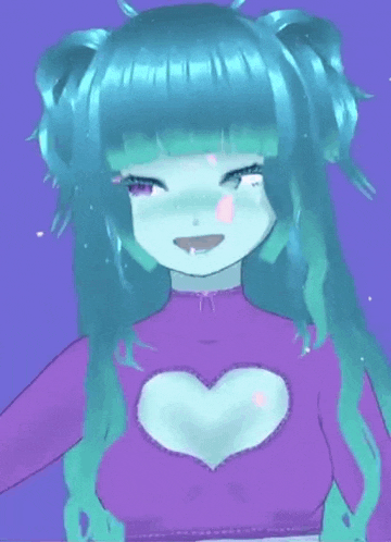 a girl with blue hair and a purple shirt with a heart on it