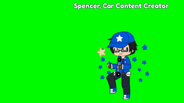 spencer car content creator is standing in front of a green screen holding a camera .