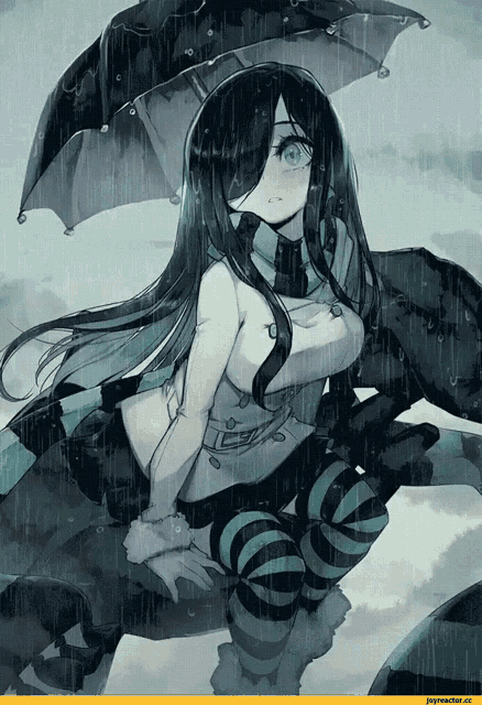 a girl with long black hair is holding an umbrella