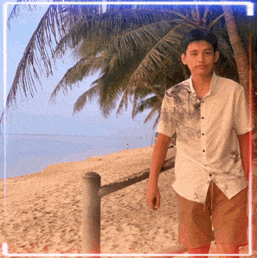 a young man in a white shirt stands in front of a palm tree on the beach