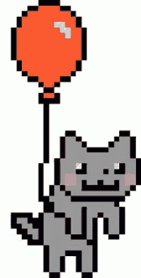 a pixel art cat is holding a red balloon in its paw .