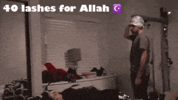 a man standing next to a woman laying on a bed with the words 40 lashes for allah
