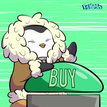 a cartoon of a penguin holding a green buy sign