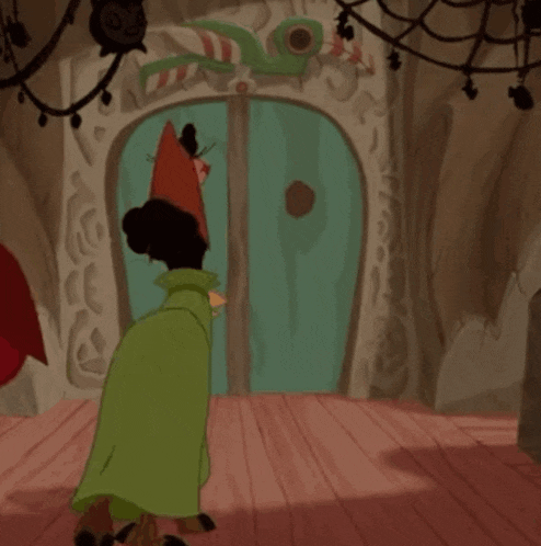 a cartoon character standing in front of a door with a lizard on it