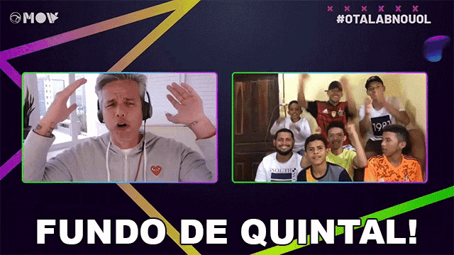 a fondo de quintal advertisement with a man wearing headphones and a group of men