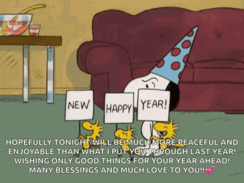 a cartoon of snoopy and woodstock holding signs that say new and happy year