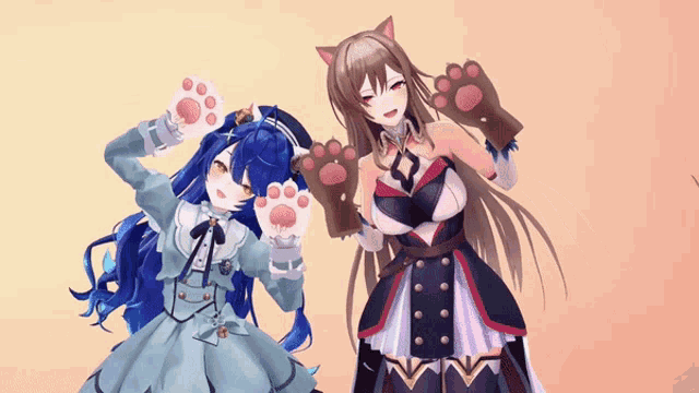 a couple of anime girls standing next to each other with their paws up