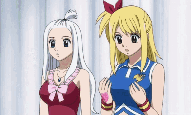 two anime girls are standing next to each other and one has a fairy tail logo on her chest
