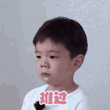 a little boy is making a funny face while sitting in front of a wall .