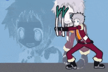 a cartoon character is holding a sword in front of a shadow of a girl