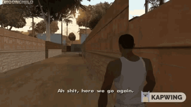 a man in a video game is walking down a street and says " ah shit here we go again "