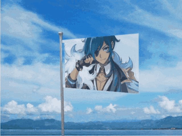 a flag with a picture of a man with blue hair flying in the wind
