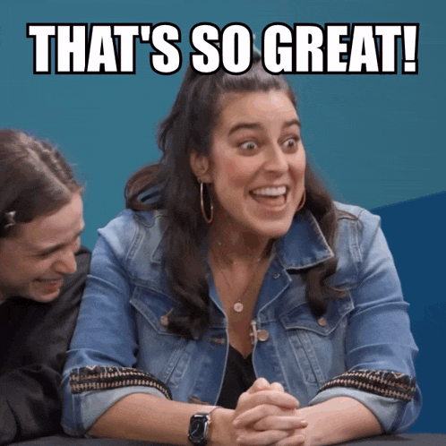 a woman in a denim jacket is smiling with the words that 's so great above her