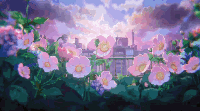 a painting of pink flowers in front of a city skyline