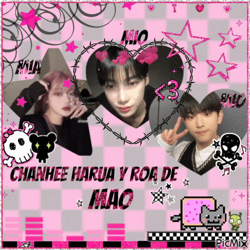 a picture of chanhee harua y roa de mao on a pink and black checkered background