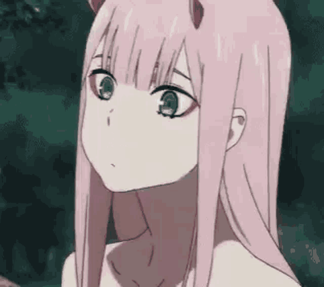 zero two from darling in the franxx is a pink haired anime girl with horns .