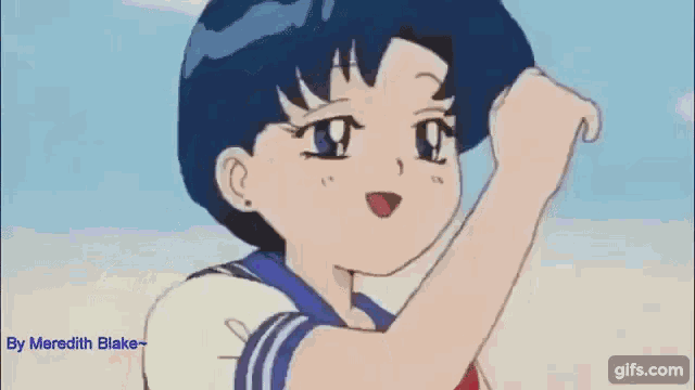 a close up of a cartoon girl with blue hair and a red bow .