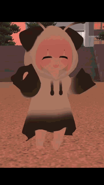 a girl in a panda hoodie is standing in the dirt with her eyes closed