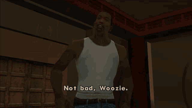 two men shaking hands in a video game with the words not bad woozie on the screen