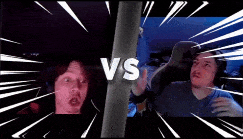 two men are standing next to each other in front of a screen with the words `` vs '' on it .