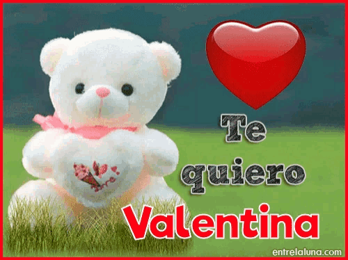 a teddy bear is holding a heart with the words te quiero valentina on it