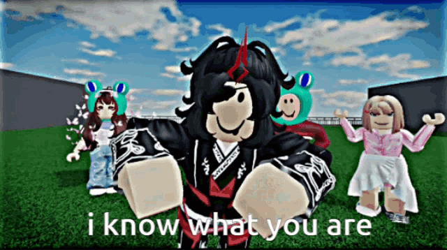 a video game character says " i know what you are " in front of a group of girls