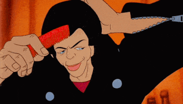 a cartoon of a woman holding a red comb in front of her face