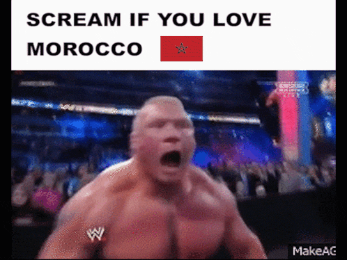 a man is screaming in front of a crowd with the words scream if you love morocco above him