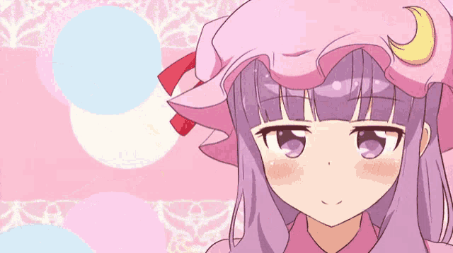 a girl with purple hair and a pink hat is making a funny face