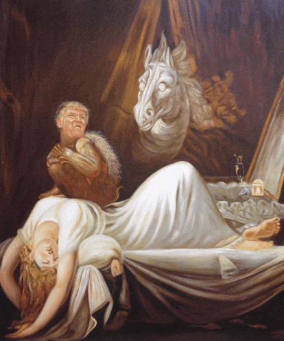 a painting of a woman laying on a bed with a monkey and a horse in the background