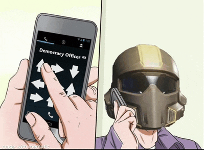 a man in a helmet is talking on a cell phone with democracy officer written on the screen
