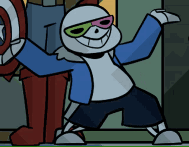 a cartoon drawing of sans wearing sunglasses and a shield