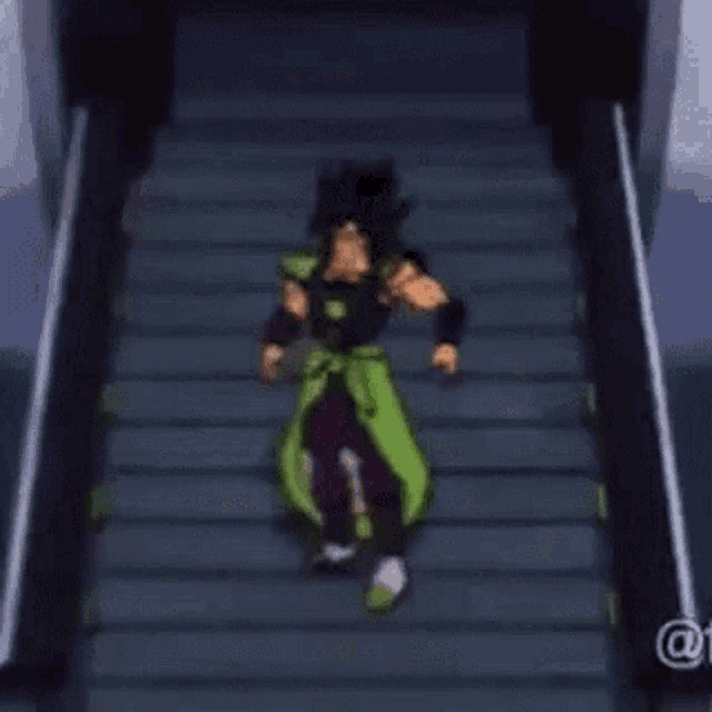 a cartoon character is dancing on the stairs .