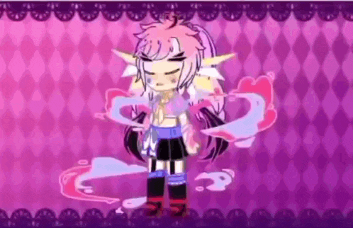 a girl with pink hair and a purple background is standing in front of a purple and pink background .