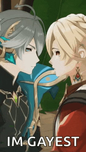 a couple of anime characters standing next to each other with the words im gayest on the bottom .