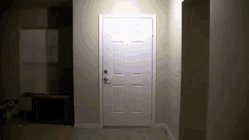 a white door in a hallway with a light shining through it .