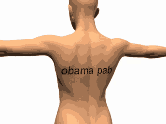 a naked man has obama pab written on the back of his back