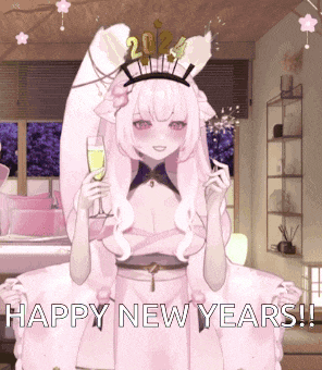 a girl in a pink dress is holding a glass of champagne and the words happy new years