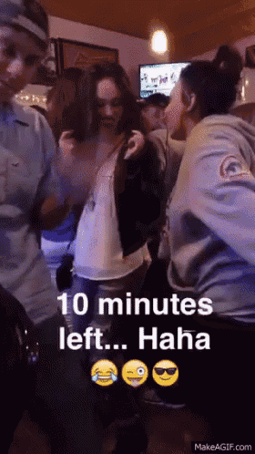 a group of people dancing in a room with the words " 10 minutes left ... haha " on the bottom