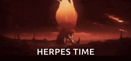 a person is carrying a large fireball on their shoulders with the words herpes time written below it