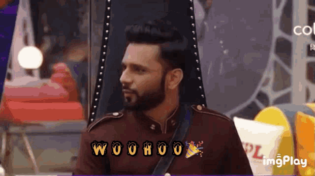a gif of a man with the word woohoo written on it