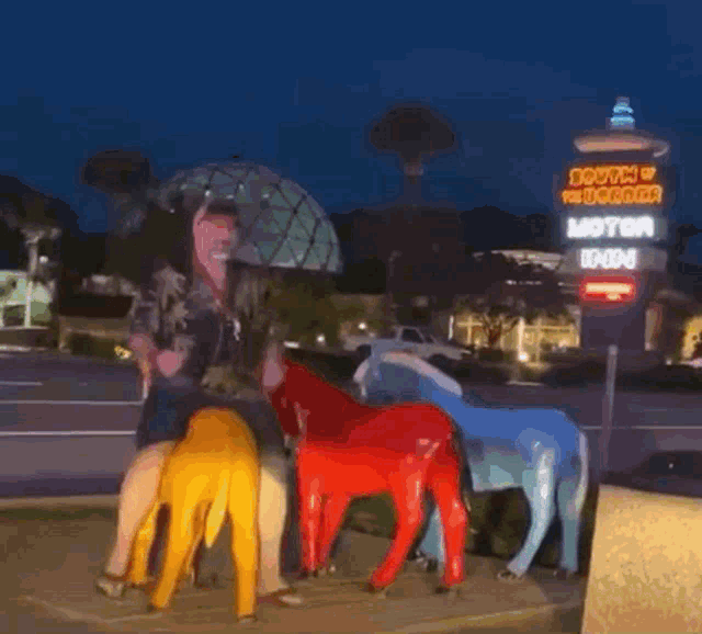 a man is standing in front of a sign that says south of the border motel inn