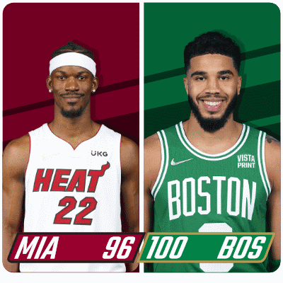 two basketball players one wearing a heat 22 jersey and one wearing a boston jersey