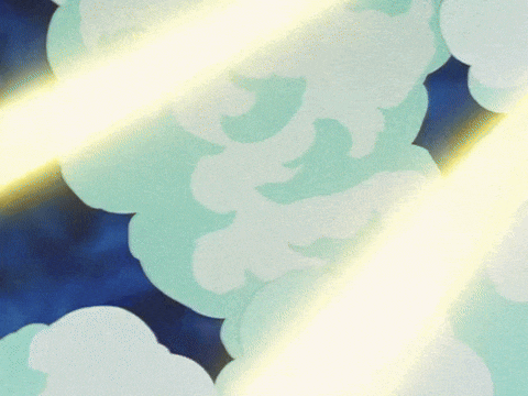 a blue background with white clouds and yellow rays