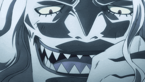 a close up of a cartoon character 's face with sharp teeth and white hair