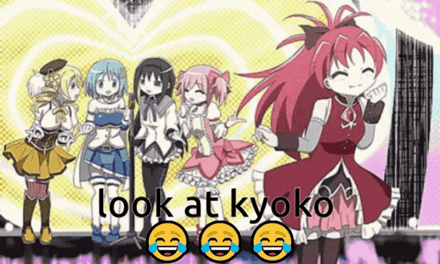 a group of anime characters are standing next to each other with the words look at kyoko written on the bottom