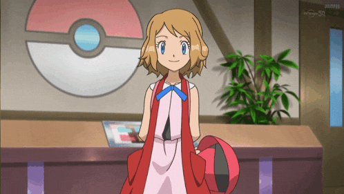 a girl in a red dress is standing in front of a pokeball