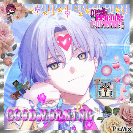 a picture of a boy with a heart on his forehead and the words good morning on the bottom
