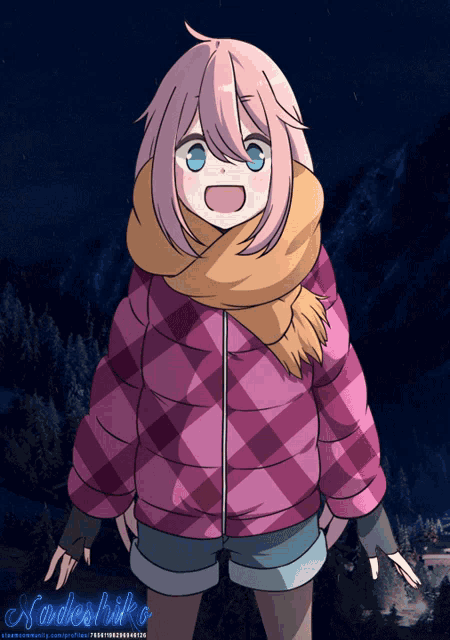 a girl with pink hair and blue eyes is wearing a pink jacket and scarf